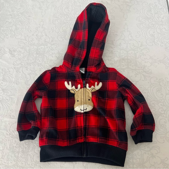 Carters Just One You Red/Black Reindeer Hoodie with Sherpa Lining 6 months - Picture 1 of 4